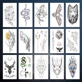 VIWIEU 15 Pcs Small Real Animal Tattoo Stickers for Women Men Cool Fake Body Arm Decoration Gift Christmas & Holiday - Bird, Dragon, Lion, Tiger, Wolf, Snake, Owl, Eagle, Goldfish, Shark, Deer Style