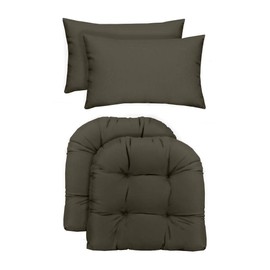 RSH Décor Indoor/Outdoor - 2 U-Shape Large Wicker Chair Cushions & Bonus Lumbar/Throw Pillows (2 (21" x 21") Cushions & 2 (20" x 12") Pillows, Solid Charcoal Fabric)