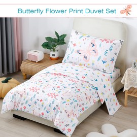 PERFEMET Girls Floral Comforter Set 4 Pieces Flower Bedding Set for Twin Bed Botanical Trees Leaves Butterfly Pattern Comforter for Teens Kids Bed in a Bag for All Seasons(White, Twin)