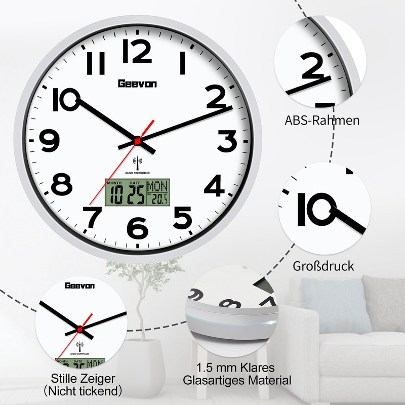 Geevon DCF Wall Clock without Ticking Noise, 12 Inch Radio-Controlled
