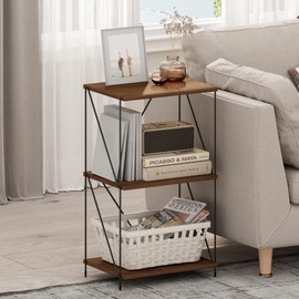 Furinno Wire 3-Tier Industrial Style Metal Frame End Table, Side Table, Walnut Cove