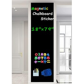 Magnetic Surface Chalkboard Contact Paper, Peel and Stick, Adhesive Backing, Blackboard Wallpaper, Bonus 12 Liquid Chalk, 6 Magnets, 26 Magnetic Letters, 15 Magnetic Numbers & Symbol (18 × 79 Inch)