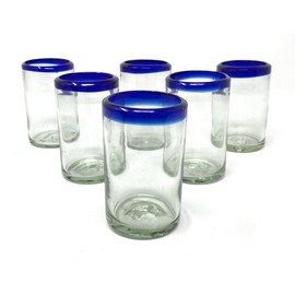 Hand Blown Mexican Drinking Glasses – Set of 6 Juice Glasses with Cobalt Blue Rims (8 oz each)