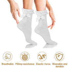 Amexo 4 Pairs of Ruffle Lace Socks with Bows for Women, Ruffle Lace Socks with Socks, Ruffle Lace Socks, White Girls, Christening Socks, Bow Socks, Cotton Ankle Socks for Women and Girls