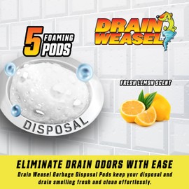 Drain Weasel Garbage Disposal Pods Cleaner and Deodorizer, Sink Odor Eliminator with Foaming Action, Septic-Safe Enzyme Formula, Fresh Lemon Scent, Pack of 5