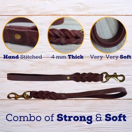 Leather Short Dog Leash 15 Inch - Short Dog Traffic Lead for Large Dogs Training and Walking - Braided Leather Dog Tab for Large Dogs - Full Grain Heavy Duty Leather (Brown)