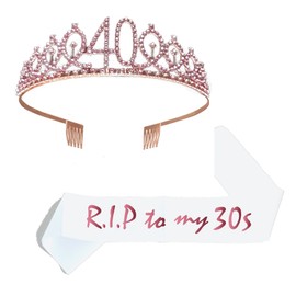 Joyiou RIP to My 30s Sash & Rhinestone Tiara Set, 40 Years Old Birthday Funny Gifts for Women, RIP to My Youth Birthday Party Supplies Decoration, 40th Birthday Party Sash Favors (Rosegold)