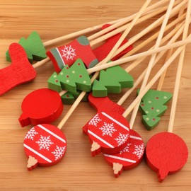 Christmas Decor Bamboo Food Appetiser Fruit Garnish Drink Picks Skewers - 3.9" (10cm) - Christmas Tree, Stocking, Ornament - 100pcs