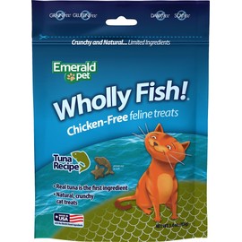 EMERALD PET Wholly Fish! Chicken-Free Feline Treats, Tuna Recipe — Tasty and Crunchy Tuna Cat Treats with Real Tuna — Chicken Free, Grain Free, Natural Cat Treats — Made in USA, 3 oz