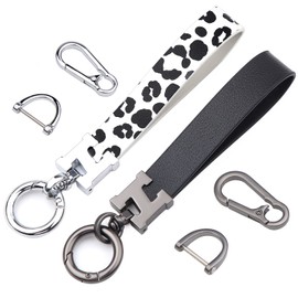 Juedarli Universal Leather Car Keychain Key Holder Clip, D-ring Key Fob Chains Landyard for Belt with a Carabiner and 2 Keyrings for Men and Women