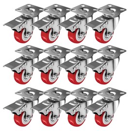 12 Pack with Brake 2" Caster Wheels Swivel Plate Casters On Red Polyurethane Wheels