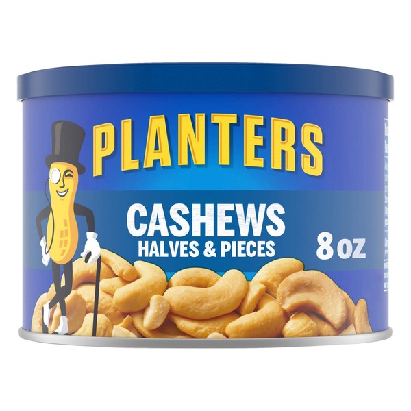 PLANTERS Cashew Halves & Pieces, 8 oz Canisters (Pack of 12) - Cashews Roasted in Peanut Oil - Seasoned with Sea Salt - Snacks for Adults - Resealable Lid for Long-Lasting Freshness - Kosher