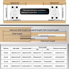 VAGUDE Heavy Duty Drawer Slides 12 14 16 18 20 22 24 26 28 30 32 34 36 40 Inch 225 Lbs Side Mount Full Extension Ball Bearing Rails Rail Tool Box Runner Glide 1 Pair -W:53mm, 26 Inch