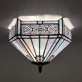 enjoy decor lamps Tiffany Ceiling Lights Fixture Blue Pink Stained Glass Hexagon LED Bulbs Included for Living Room Bedroom Kitchen 12" W*12" D*8" H