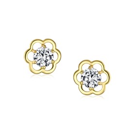 Minimalist Tiny CZ Open Flower Stud Earrings For Teen For Women Cubic Zirconia Real Gold Screw back