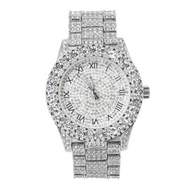 Techno Pave Womens 44mm Iced Solitaire Bezel Watch - Silver Plated with Iced Roman Dial