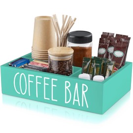 ALELION Turquoise Coffee Station Organizer with Removable Dividers - K Cup Pod Holder Storage Basket for Sugar, Tea - Teal Coffee Bar Kitchen Decor Accessories Organizer for Countertop