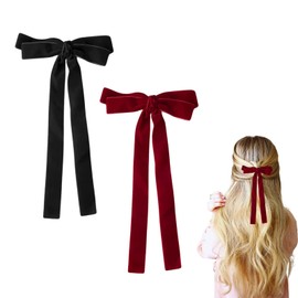 Pack of 2 Velvet Bow Hair Clips, Long Silky Satin French Hair Clips with Large Bow Hair Accessories for Women and Girls, Wedding, Christmas Hair, Birthday (Black & Red)