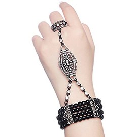 Asphire Vintage Pearl Bracelet with Finger Ring 1920s Flapper Pearl Hand Harness Great Gatsby Rhinestone Slave Bracelet Prom Party Festival Accessories for Women (Black),One Size