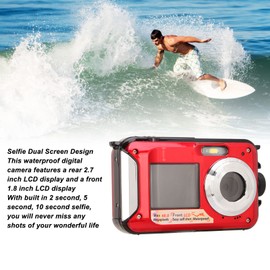 Waterproof Digital Camera, 10ft Full HD 2.7K 48MP 16x Digital Zoom, Dual Screen Selfie, Full Color LCD Display, Waterproof Camera for Snorkeling, Surfing, Swimming (Red)
