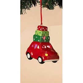 Gerson International 3.5" HAND PAINTED B/O LIGHTED DOLOMITE HOLIDAY CAR w/GIFTS CHRISTMAS ORNAMENT