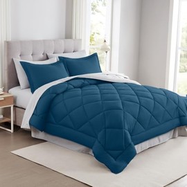 7 Piece Bed in Bag Set Down Alternative Comforter Cal.King Size Pretty Diamond Quilted Design | All Seasons Aesthetic Bedding Navy Teal Blue Color Soft Cozy Plush Shabby Chic Luxury Farmhouse Look
