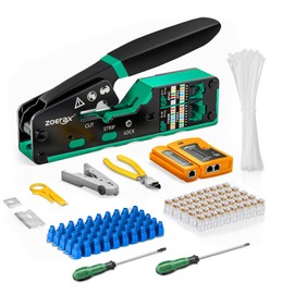 ZoeRax Ethernet crimping tool kit RJ45 crimp tool, Cat5 Cat6 Pass Through Crimping Tool for Network Cable Tester, Multiply Stripper, 50PCS Cat 6 Pass Through Connectors and Strain Relief Boots
