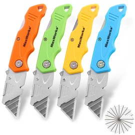 MaxWorks 51055 4-Pack Foldable Utility Knives, 20 Extra Blades – Quick-Change, Compact Design – Zinc Alloy Blade Shell & Durable ABS Handle for Heavy-Duty Cutting