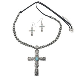 Long Cross Simulated Turquoise Stone Western Style Necklace & Earrings Set (Silver Tone Ornate)