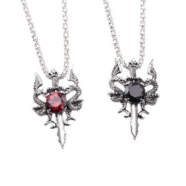 Dragon Necklace for Men, Double Dragon Sword Cross Pendant Necklace with 19.7” Chain, Wing Dragon Crystal Necklace, Vintage Dragon Amulet Necklace, Punk Animal Dragon Pendants (Red)