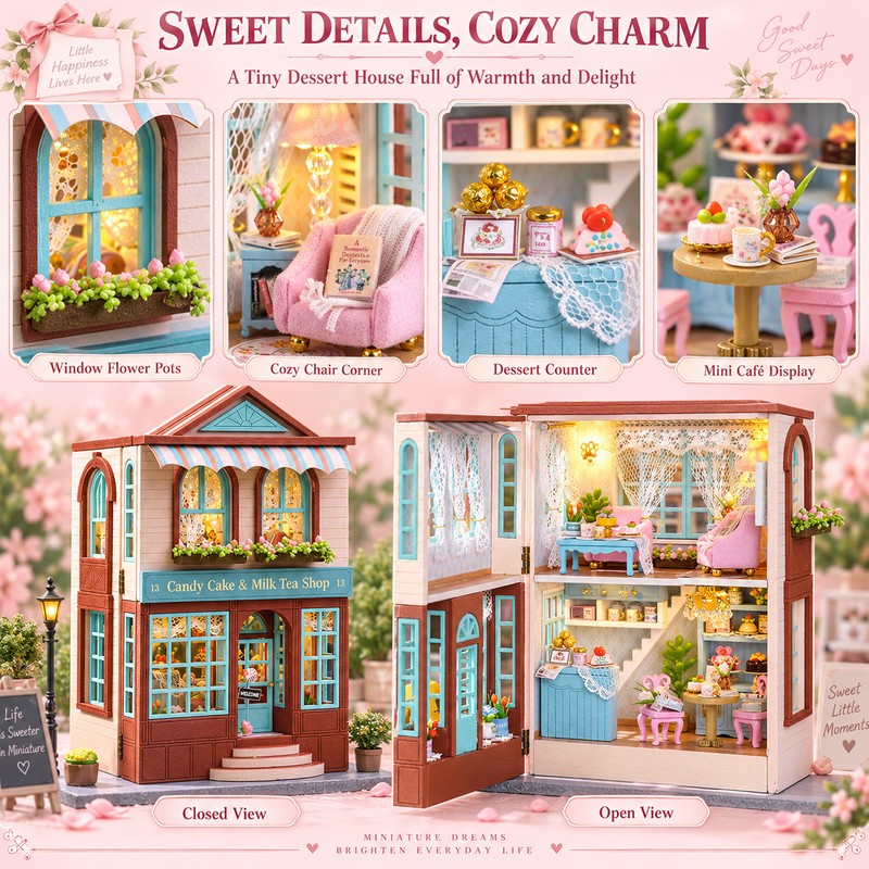 DIY Miniature House Kit with Furniture and LED Light, Wooden