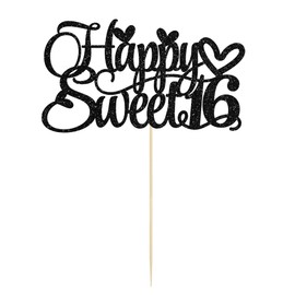 Decoración para tartas de 16 cumpleaños con purpurina para 16 años, para fiestas de cumpleaños de 16 años, color negro