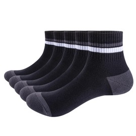 YUEDGE Mens Black Quarter Short Socks Breathable Striped Mid Crew Cotton Socks Ankle Trainer Socks for Men 9-12, Multipack, 5 Pairs