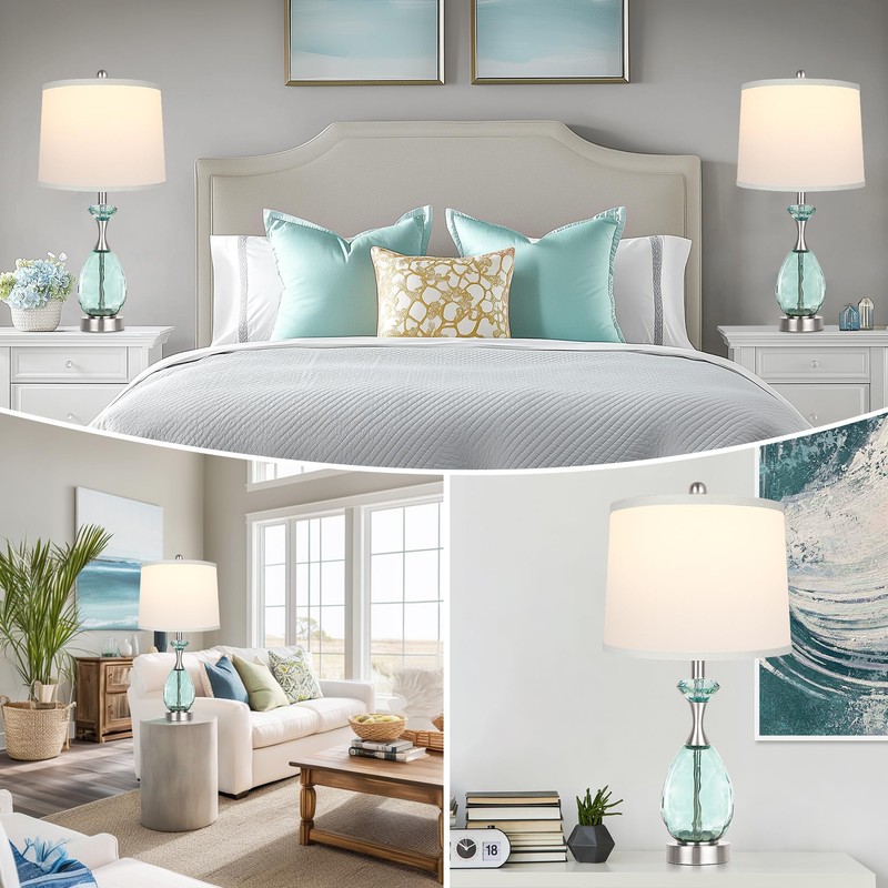 26" Coastal Glass Table Lamps Set of 2, 3-Way Dimmable