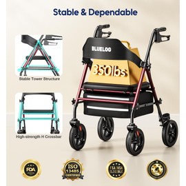 Bluelog Walkers for Seniors Rollator Walkers with Seat 350lb Capacity Foldable Design, Includes Cup Holder & Cane Holder, Burgundy