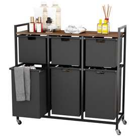 HOMEIJU Laundry Basket with Wheels, Rolling Laundry Hamper Organizer with Large Desktop, Laundry Sorter with 6 Pull-Out and Removable Laundry Bags, Metal Frame, Rustic Brown and Black