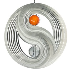 CIM stainless steel, Orbit Yinyang wind chime with ball bearing swivel, hook and 1 m nylon cord and glass beads.