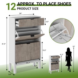 dainslef Shoe Storage Organizer with 2 Flip Drawers & 1 Small Drawer, Hidden Shoe Rack Cabinet, Freestanding Organizer, Slim Entryway Wooden Shoe Cabinet with Fluted Doors, White+Grey