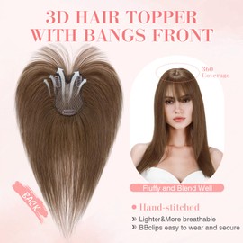 S-noilite Hair Toppers for Women Real Human Hair,Upgrade Base 3D Clip in Human Toppers with French Bangs HairPieces for Women Add Volume(Medium Brown,11inch)