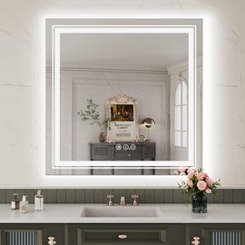 WTTY LED Bathroom Mirror 32"x32" with Backlit and Front Light,Stepless Dimmable LED Mirror for Bathroom,Anti-Fog Lighted Bathroom Vanity Mirror Modern for Wall,Memory Function,Shatter-Proof