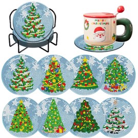 8 Pieces Christmas Tree Diamond Coasters Kits with Holder DIY Christmas Tree Diamond Art Coaster Coaster for Adults Diamond Kits Supplies for Christmas Holiday Gift