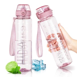 GOPPUS 32 Oz Water Bottle With Straw, Tritan Bpa-free,Wide Mouth Leakproof, Motivational Sports Large Transparent Water Bottles with Time Marker for Gym and Travel,Pink