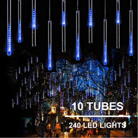 11.8 inch 10 Tubes 240 LED Meteor Shower Raindrop Lights with Timer Function Cascading Lights LED Icicle Lights Falling Raindrop Lights for Holiday Party Wedding Christmas Tree Decoration (Blue)