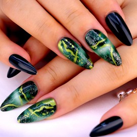 Green Marble Press on Nails Almond Glitter Fake Nails Medium Length Glue on Nails Almond Shape Nails Stick on with Gel Nail Glue Classic Vintage Style False Nials for Women Girls, Green