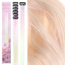 WENNALIFE Hair Tinsel Clip in Bright White Tinsel Hair Extensions for Girls Glitter Hair Tinsel Clip Ins Hair Accessories Heat Resistant Sparkle Strands Christmas Birthday Gifts for Girls 6pcs 24 Inch