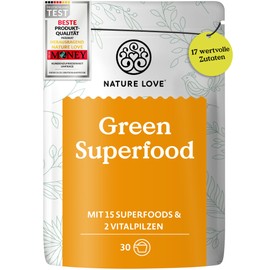 NATURE LOVE Green Superfood - 300 g - 15 superfoods and 2 vital mushrooms - including barley grass, spirulina and moringa - greens powder without flavours, sweeteners or added sugar - vegan and laboratory tested