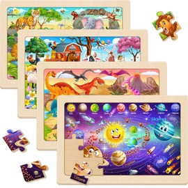 Puzzles for Kids Ages 4-6, 24 Pcs Wooden Jigsaw Puzzles for Toddlers 3-8, 4 Pack Educational STEM Learning Toys, Dinosaur, Solar System, Farm & Zoo Animals Gift for Boys and Girls