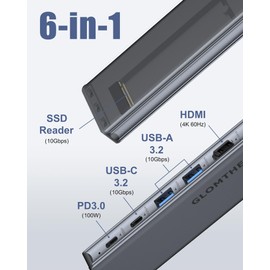 Glomtheia USB C Hub for MacBook Air/Pro Mac mini, Multiport Adapter Docking Station with M.2 NVMe SSD Enclosure, 4K60Hz HDMI, USB 3.2 Gen 2, 100W Pass-Through Charging