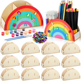 Blueweenly 12 Pack Paint Your Own Pen Holder Crafts Kit For Kids, Rainbow Wood Pencil Holder with WaterColor and Acrylic Diamonds, Unfinished Wood Pencil Box DIY Crafts for Classroom Office