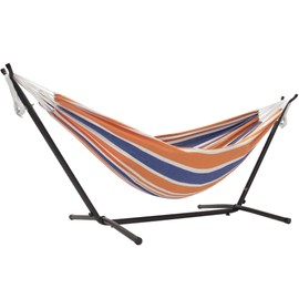 Vivere UHSDO9-40 Double Cotton Hammock with Space Saving Steel Stand, 450 lb Capacity- Premium Carry Bag Included, Orange Punch